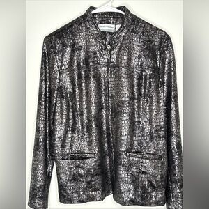 Alfred Dunner Petite Snakeskin Print Zip Front Jacket Metallic Black Silver 12P